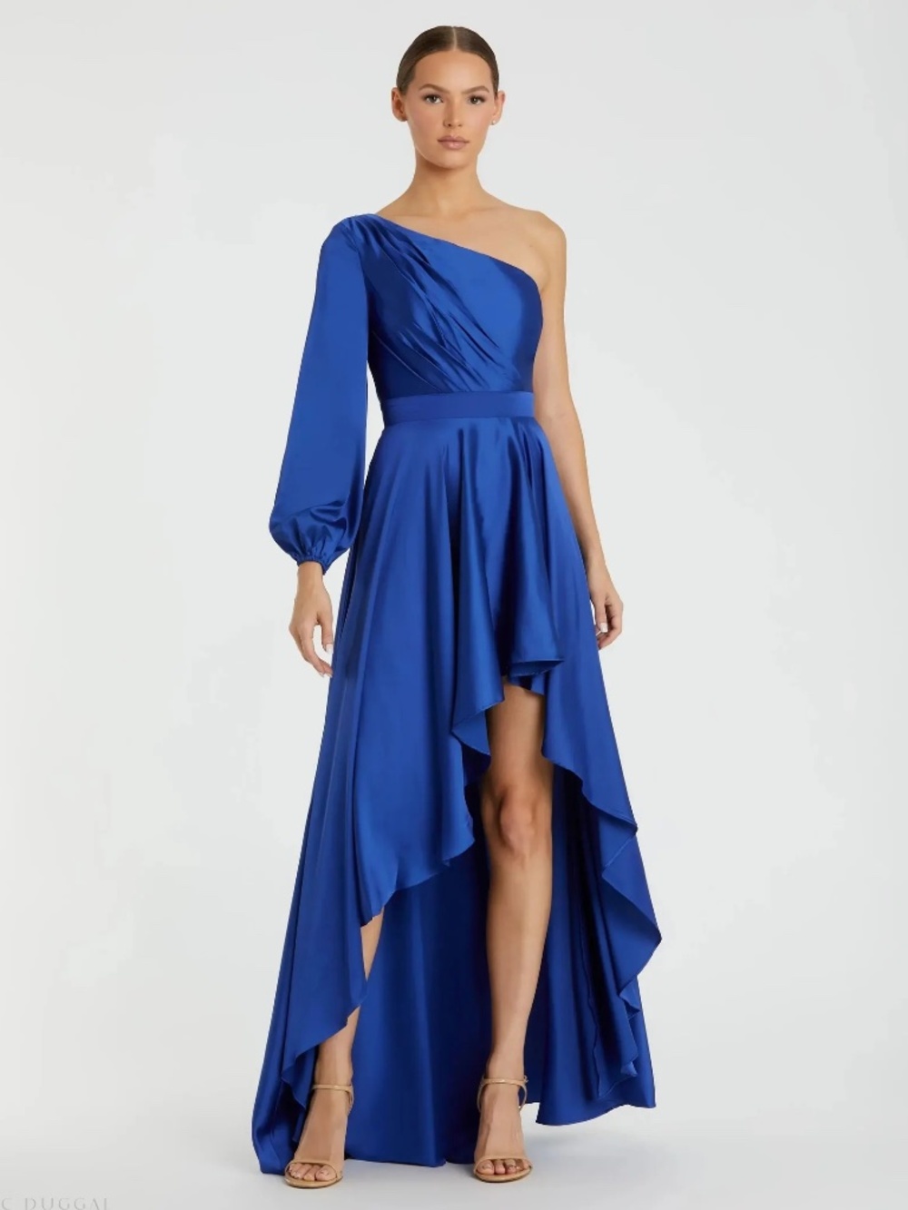 Dark Blue Long Sleeve One Shoulder Satin High Low A-line Gown
